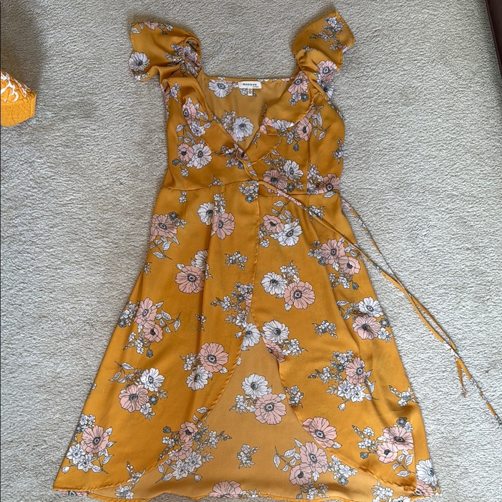 Monteau Mustard Floral Wrap Dress